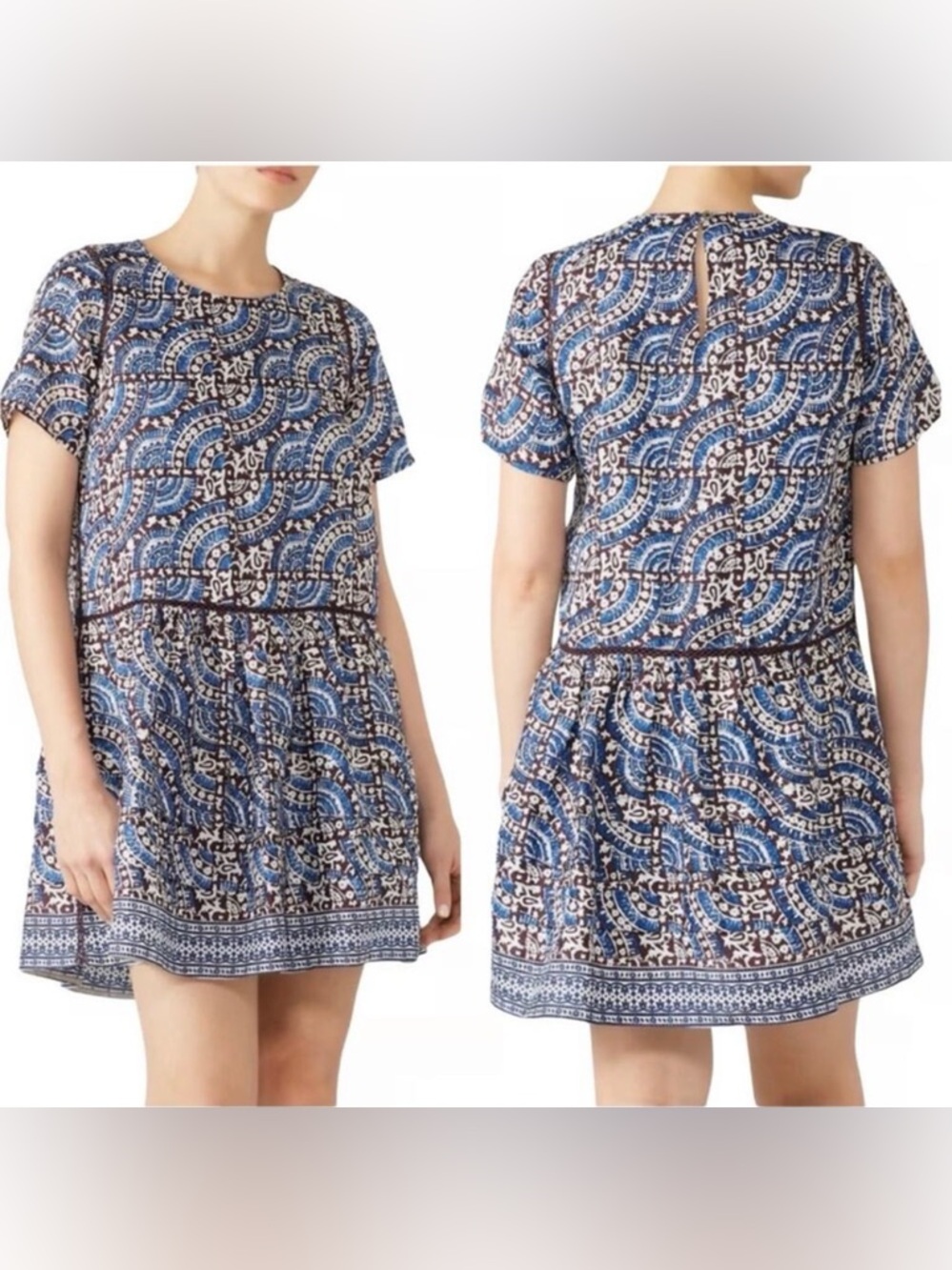 Sea New York Luella Printed Blue and White Printed Short-Sleeve Shift Dress